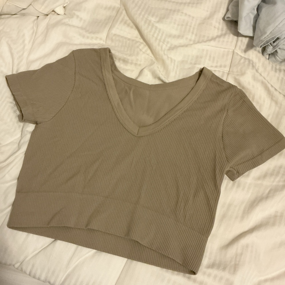 Fresh V-Neck Ribbed Crop Top - Beige